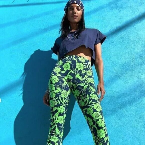 NWT Zara Jacquard Neon Floral Flare Pants - Picture 4 of 6